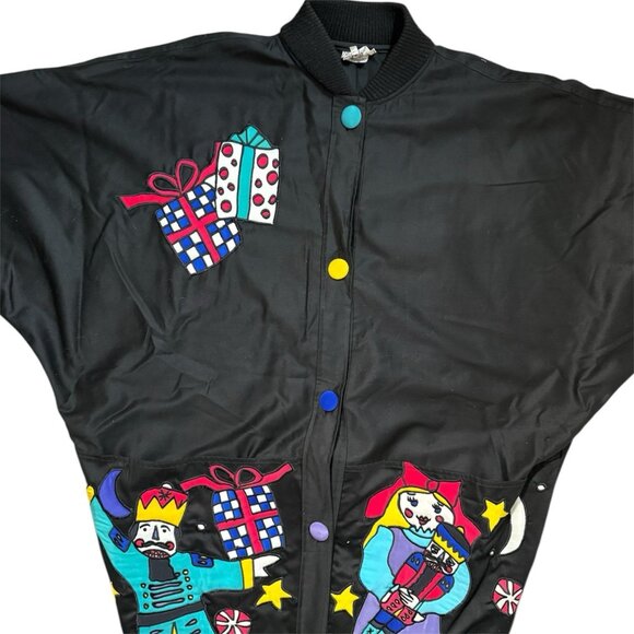 VTG 80s Silkscapes Christmas Novelty Jacket Sz Large Silk Art To Wear Oversized - Picture 5 of 16
